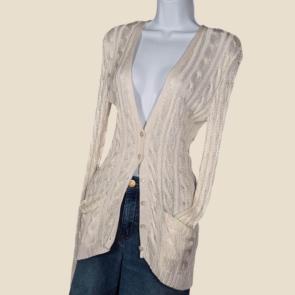 Y2k Ralph Lauren Black Label Women Medium Cardigan Sweater Cable Knit Viscose